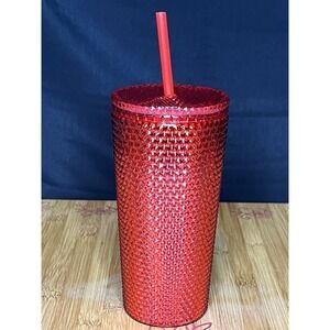 Red Acrylic Textured Tumbler with Red Straw Reusable Cold‎ Drink 16oz Cup